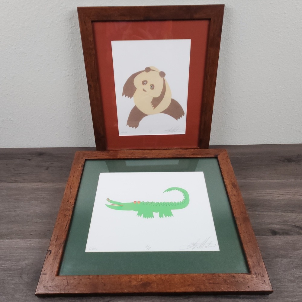Paper Collage Animal Art  Signed A/P Framed Set Panda Crocodile Nursery Decor